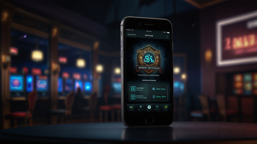 Smartphone download screen with Android and iPhone style setup elements in a casino setting