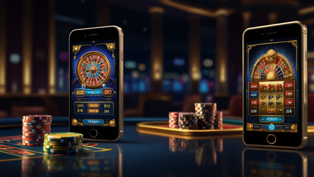 Smartphone displaying a casino app lobby with slot reels in a dark casino scene