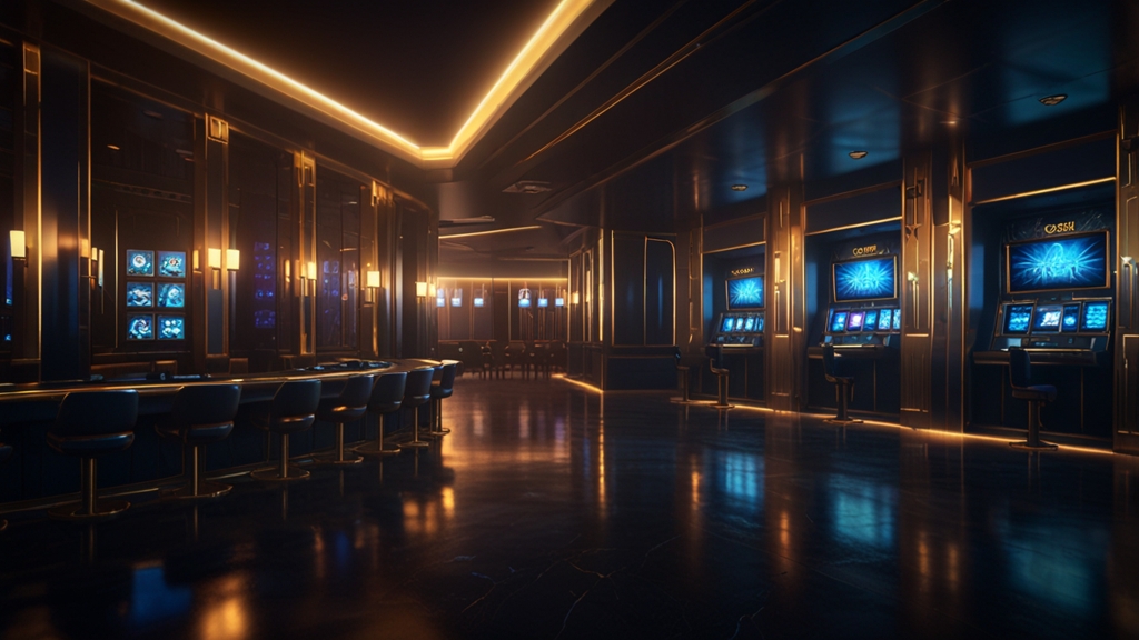 A glowing casino login screen with secure access icons in a dark neon room